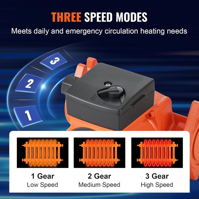 VEVOR مضخة دوران من الحديد الزهر UPS15-58FC بسعة 17 جالون في الدقيقة، فلانج 1" NPT، مضخة إعادة تدوير المياه الساخنة ثلاث سرعات، مضخة دوارة هادئة لتدفئة الأرضيات/نظام سخان المياه المنزلي - Image 4